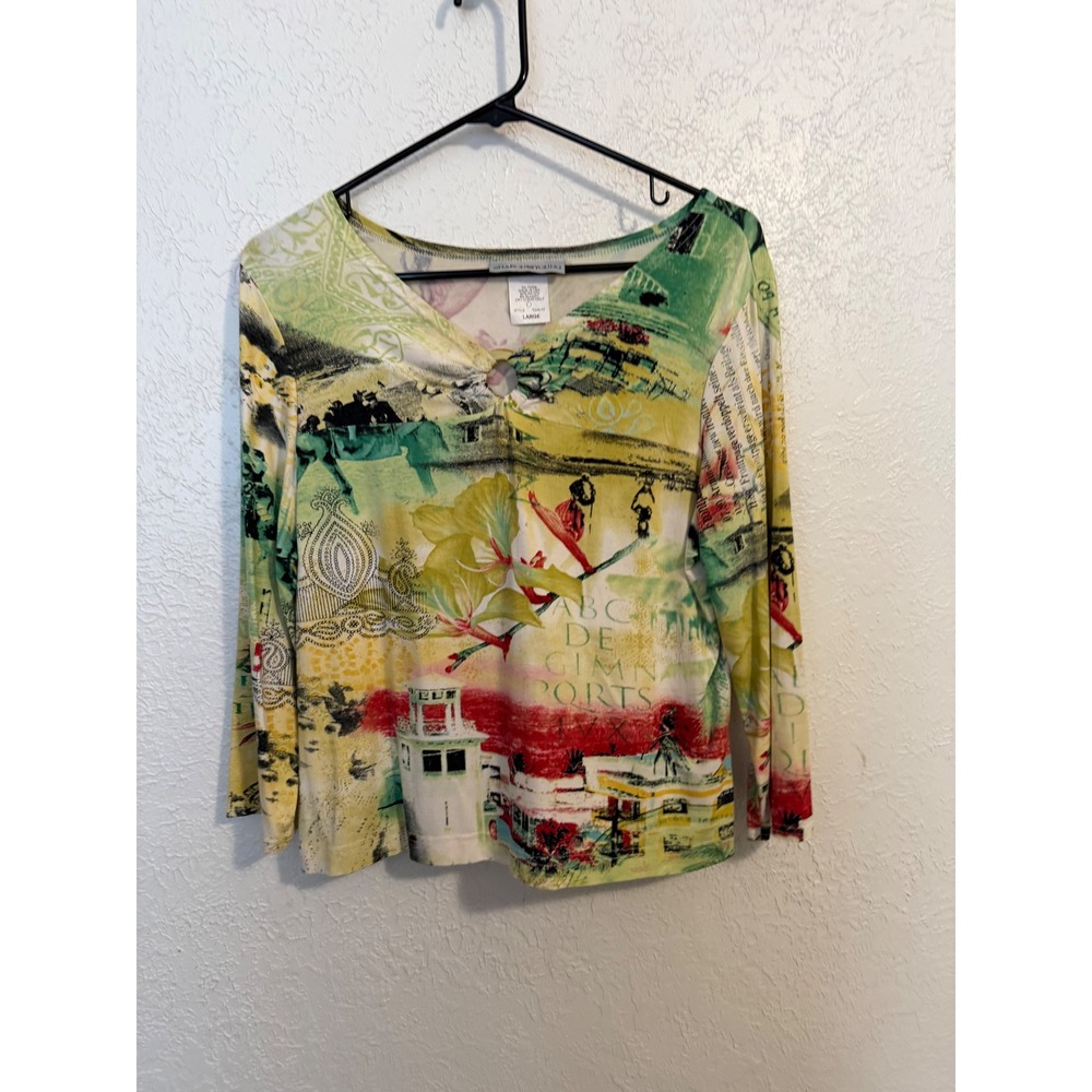 Sharon Young 2 Piece Set Jacket and Top Collage Print Green Yellow Red Large 10 - Picture 8 of 11